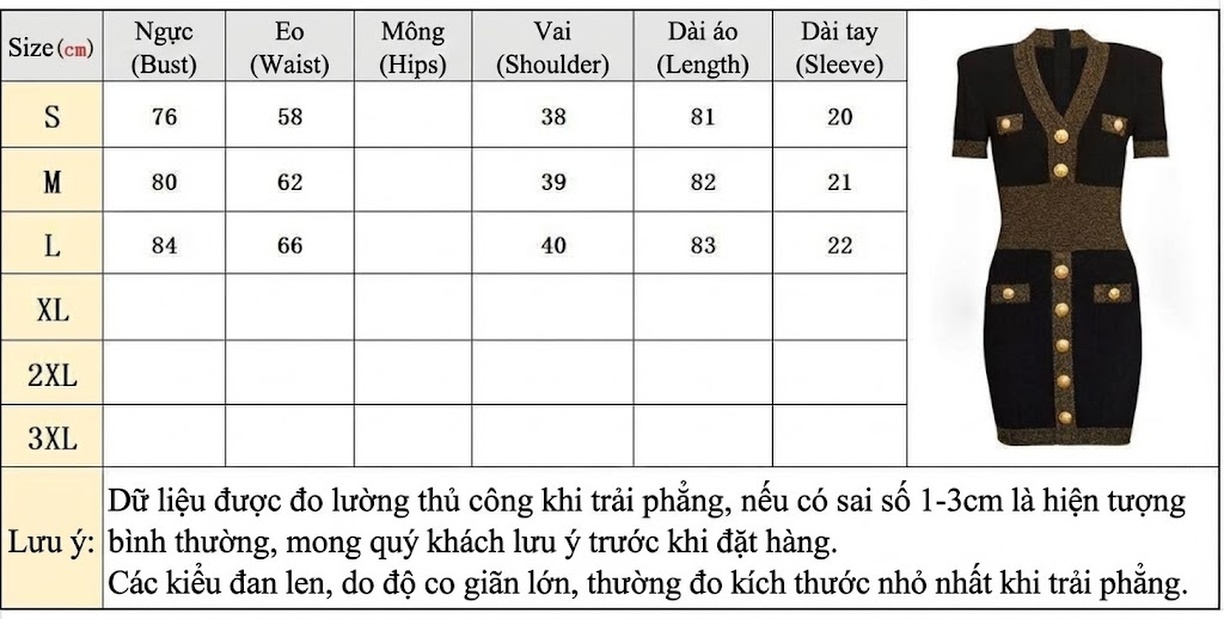 Đầm Ngắn Tay Nữ Cổ chữ V Rã Eo Viền Kim Tuyến Đính Nút Phong Cách Quý Cô Màu Đen, Trắng, Xanh Navy chi tiết 1