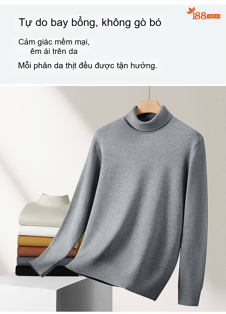 Áo Len Cổ Cao Nam Dệt Kim Lót Lông Cừu Màu Xám, Nâu, Vàng, Trắng... chi tiết 14