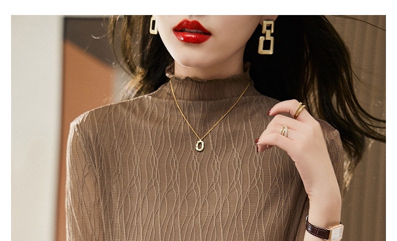 Áo Thun Lưới Dài Tay Nữ Cổ Bán Cao Ôm Dáng Phong Cách Thời Trang Màu Nâu chi tiết 12