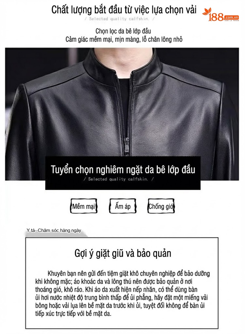 Áo Khoác Da Bò Nam Cao Cấp Dáng Đứng Cổ Trụ Phong Cách Doanh Nhân Màu Đen chi tiết 5