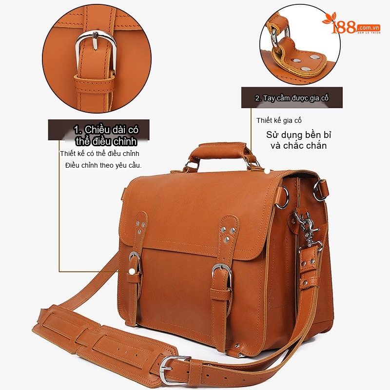 Cặp Túi Đeo Chéo Nam Da Thật Vintage Chống Mòn, Chống Nước, Sức Chứa Lớn Màu Nâu