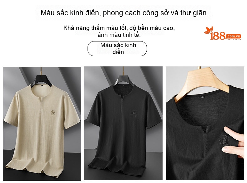 Áo Thun Cổ chữ V Nam Tay Ngắn Phong Cách Trung Hoa Size Lớn Màu Đen, Kem chi tiết 17