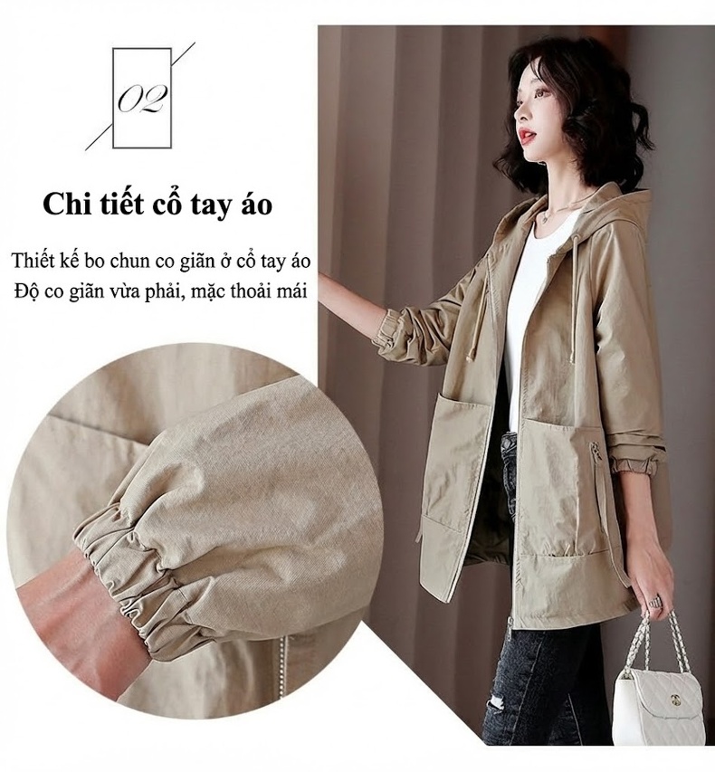 Áo Khoác Gió Nữ Dáng Dài Vừa Vải Cotton Form Rộng Hàn Quốc Có Mũ Trùm Đầu Màu Be, Nâu chi tiết 5