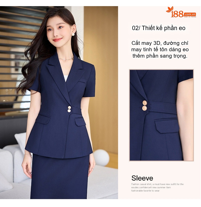 Bộ Vest Công Sở Nữ Tay Ngắn Áo Blazer Quần/Chân Váy Màu Xám, Đen, Xanh Dương chi tiết 6