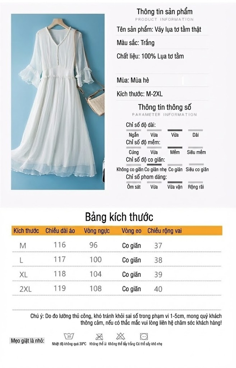 Váy Lụa Tằm Tự Nhiên Tay Lỡ Dáng Dài Đi Biển Cho Mẹ Màu Trắng chi tiết 5