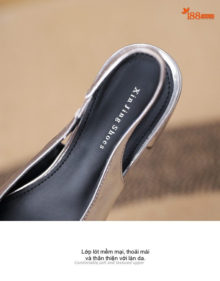 Giày Slingback Nữ Mũi Vuông Gót Trụ Bít Mũi Hở Gót Chiều Cao Đế Khoảng 3.5cm Màu Đen, Kem, Bạc chi tiết 7