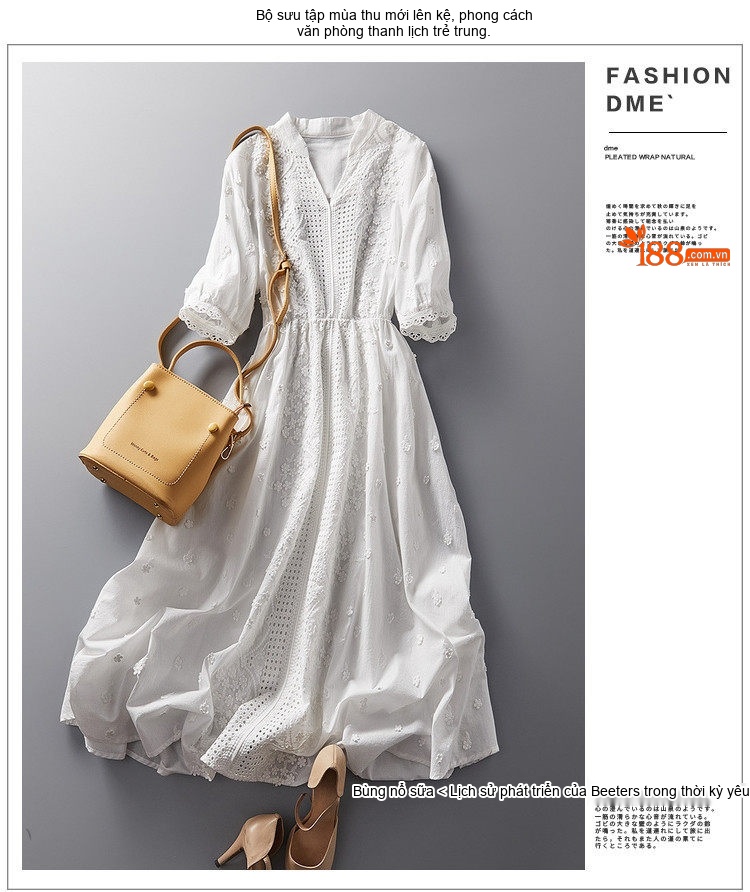 Váy liền thân Nữ Cotton Thêu Hoa Cổ chữ V Tay Lỡ Phong Cách Hàn Quốc Màu Trắng chi tiết 7