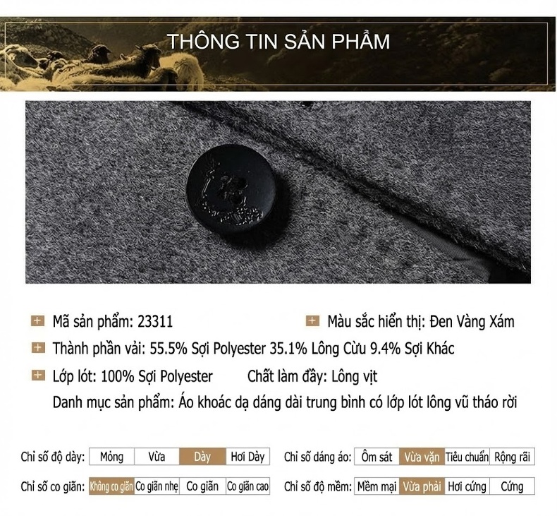 Áo Khoác Dạ Nam Lót Lông Vũ Tháo Rời Dáng Ôm Vừa Màu Xám, Nâu, Đen chi tiết 29