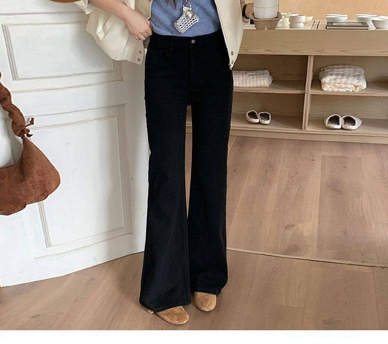 Quần Jeans Nữ Ống Loe Đáy Cao Dáng Rộng Phong Cách Thời Trang Màu Đen, Trắng chi tiết 4