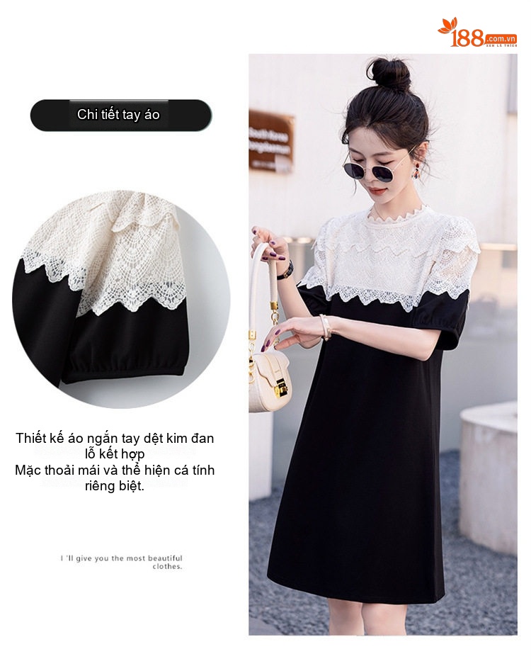 Váy liền thân Nữ Dệt Kim Màu Trắng, Đen chi tiết 7