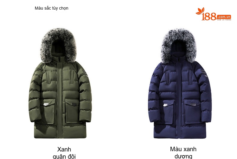 Áo Khoác Phao Nam Dáng Dài Có Mũ Lông Dày Cotton Giữ Ấm Màu Đen, Xanh Rêu, Xanh Navy chi tiết 7
