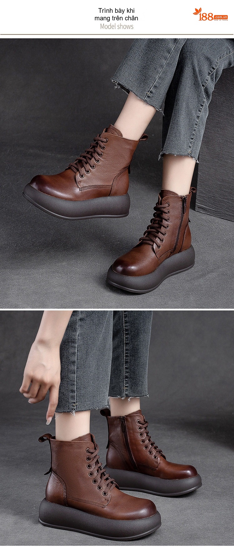 Boot Nữ Cổ Cao Da Bò Đế Dày Chiều Cao Đế Khoảng 5cm Phong Cách Retro Màu Đen, Nâu chi tiết 8