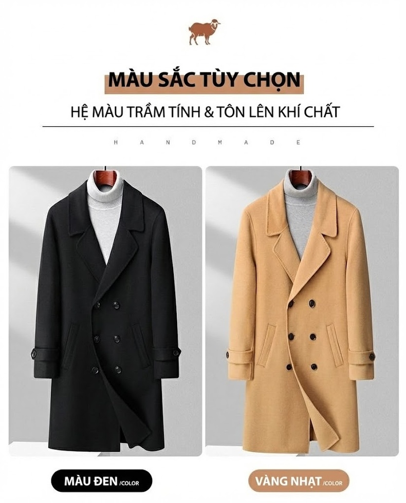 Áo Khoác Dạ Nam Dáng Dài 100% Lông Cừu Hai Hàng Khuy Màu Vàng Be, Đen chi tiết 9