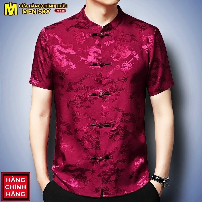 Áo Sơ Mi Nam Trung Niên Tay Ngắn Cổ Tàu Phong Cách Trung Hoa Lụa Gấm Màu Xanh Navy, Đỏ, Đen, Trắng...