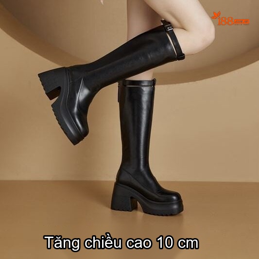 Boot Nữ Cổ Cao Đế Dày 10cm Gót Vuông Da Bóng Màu Đen, Trắng Kem
