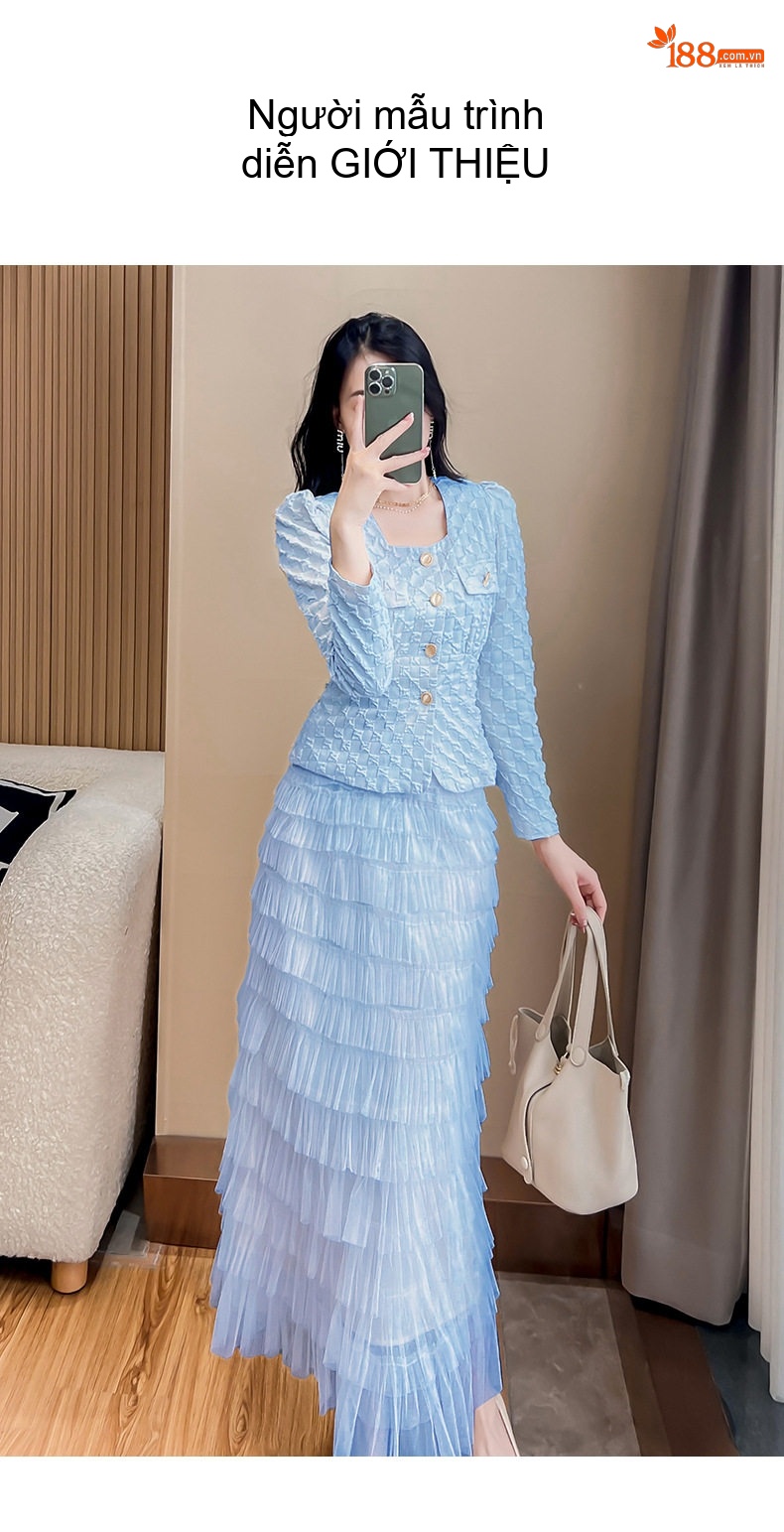Set Áo Blazer và Chân Váy Xếp Tầng Nữ Tính Dự Tiệc Màu Xanh, Trắng chi tiết 21