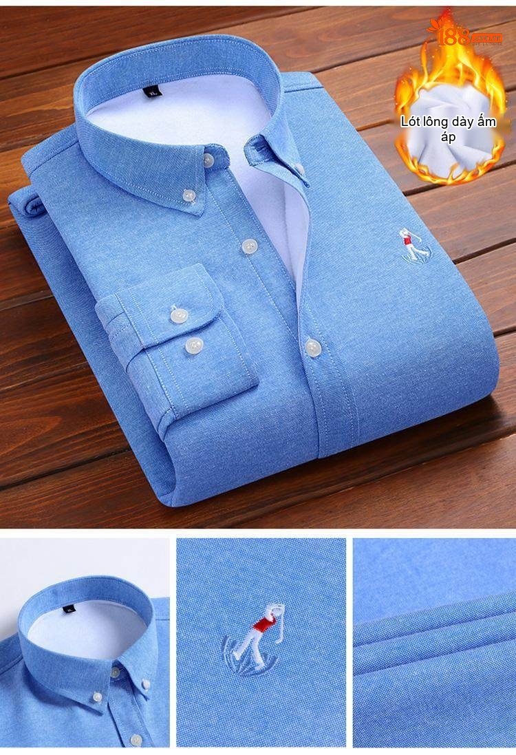 Áo Sơ Mi Nam Dài Tay Cotton Oxford Lót Lông Dày Dặn Thêu Hình Màu Xanh Dương, Xanh Navy, Tím, Đỏ... chi tiết 8