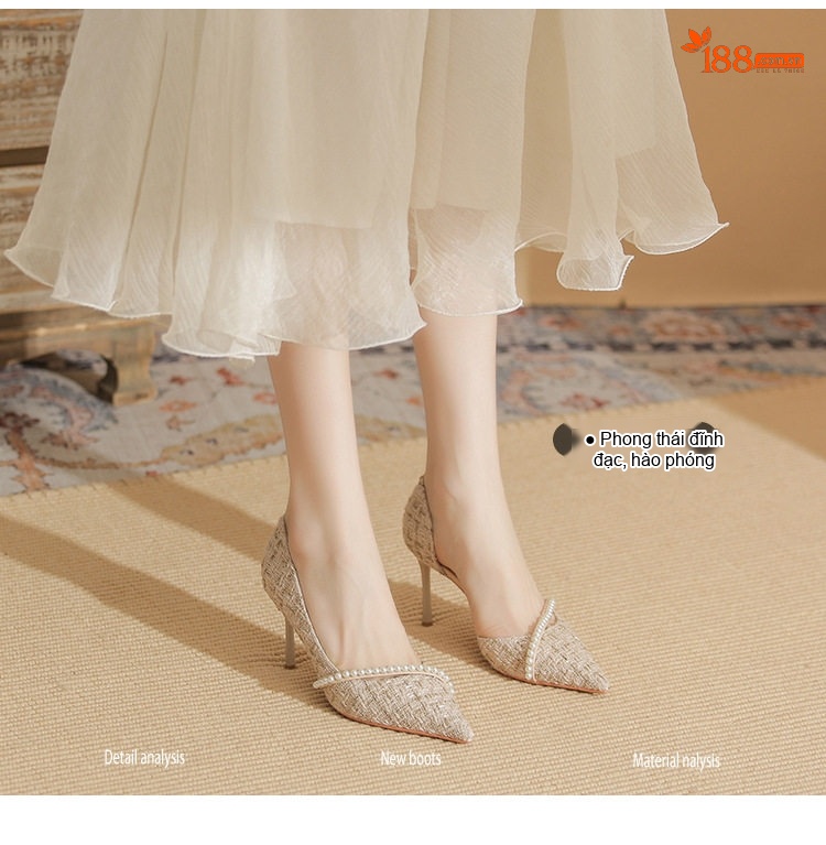 Giày Cao Gót Nữ Da Cừu Mũi Nhọn Hở Bên Chiều Cao Đế Khoảng 7cm Màu Đen, Kem chi tiết 5