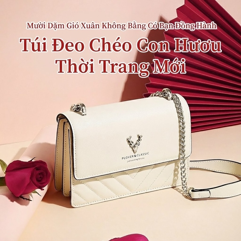 Túi Đeo Chéo Nữ Da Bóng Dáng Vuông Nhỏ Nhẹ Nhàng Sang Trọng Màu Trắng Kem chi tiết 11