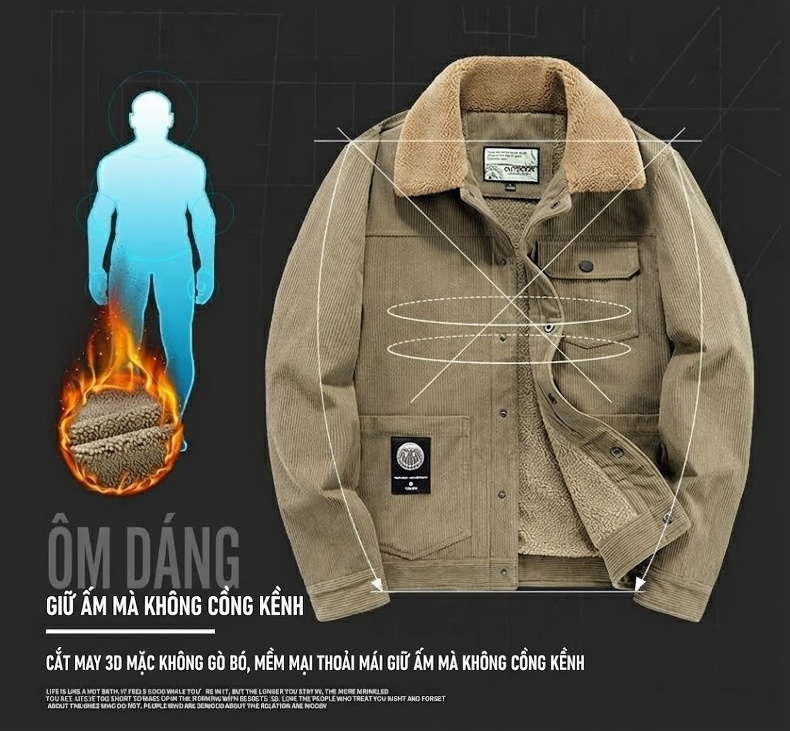 Áo Khoác Nam Vải Đũi Lót Lông Cừu Non Dày Dặn Phong Cách Hard Man Màu Xám, Nâu, Be chi tiết 6