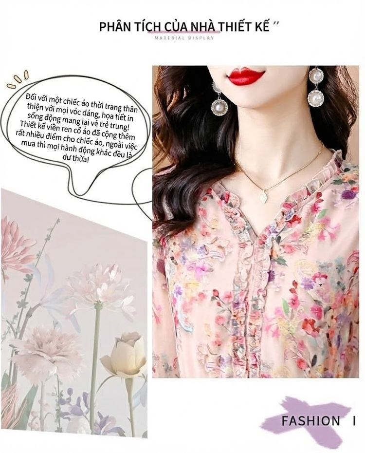 Váy liền thân Nữ Lụa Gấm Họa Tiết Hoa Nhí Cổ Điển Thanh Lịch chi tiết 2