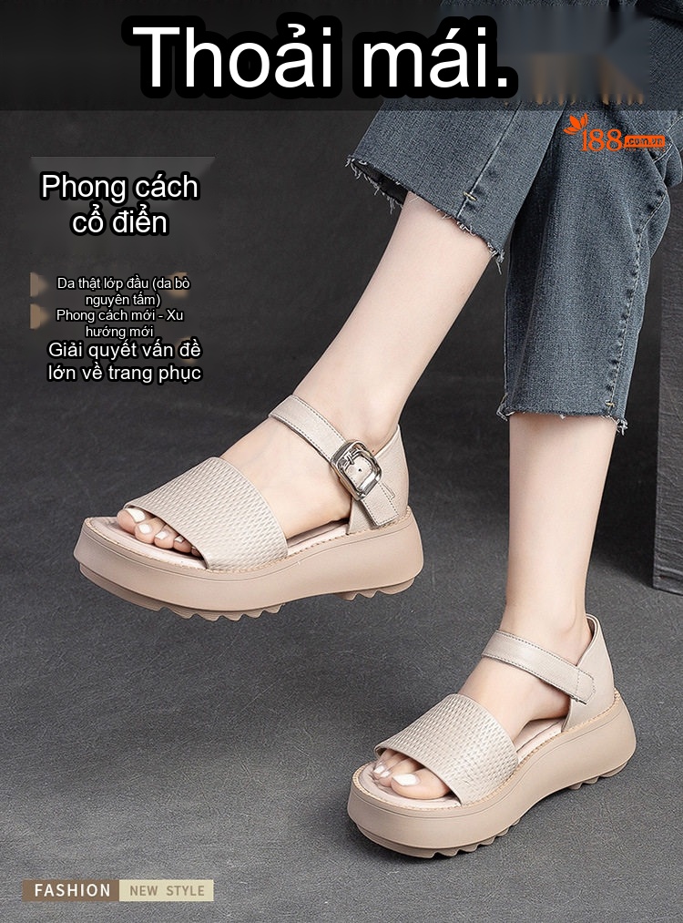 Dép Sandal Nữ Da Bò Hở Mũi Thoáng Khí Quai Hậu Khóa Cài Đế Cao 4cm - 5cm Màu Đen, Nâu, Kem chi tiết 1