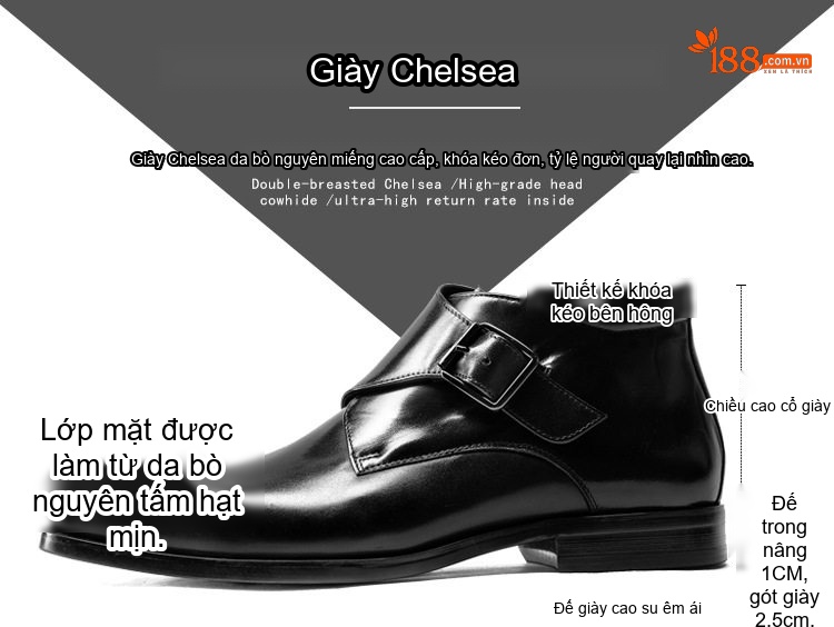 Boot Nam Cổ Cao Da Bóng Khóa Cài Chiều Cao Đế Khoảng 3cm Màu Đen, Nâu chi tiết 2