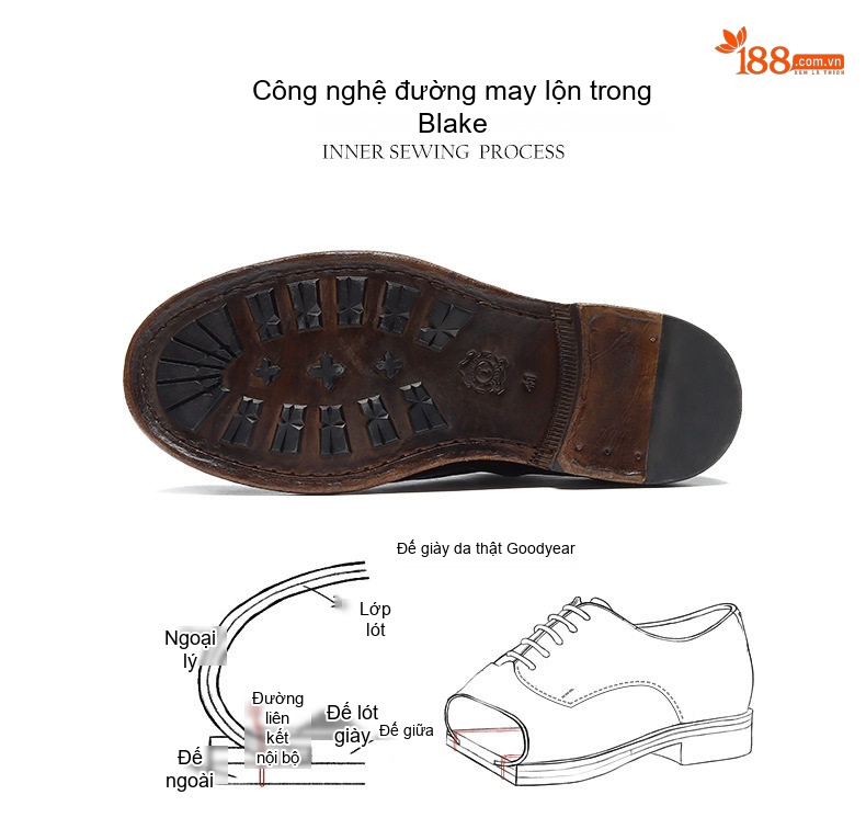 Giày Tây Buộc Dây Nam Da Thật Đế Da Chiều Cao Đế Khoảng 3cm Màu Nâu chi tiết 4