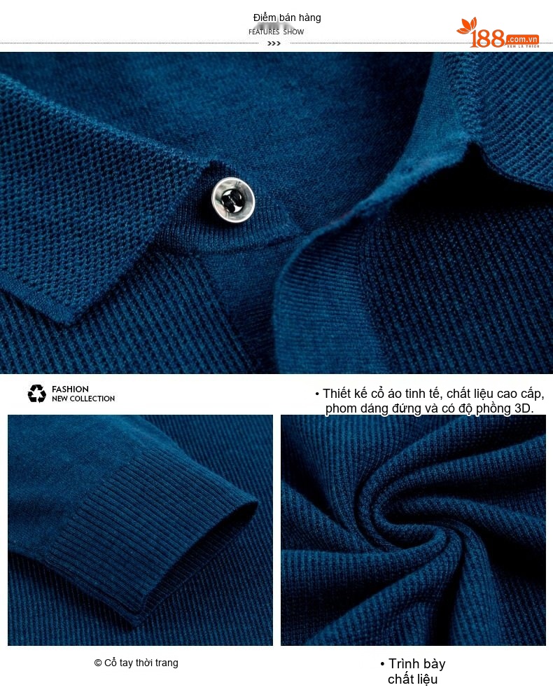 Áo Thun Polo Nam Dài Tay Dệt Kim Cashmere Phong Cách Doanh Nhân Màu Đỏ Rượu, Xám, Xanh Dương, Xanh Lá... chi tiết 3