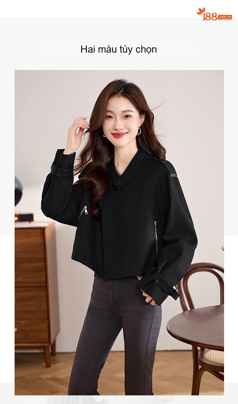 Áo Khoác Lửng Nữ Tay Dài Kiểu Croptop Vải Dệt Phong Cách Thời Trang Màu Đỏ, Đen chi tiết 7