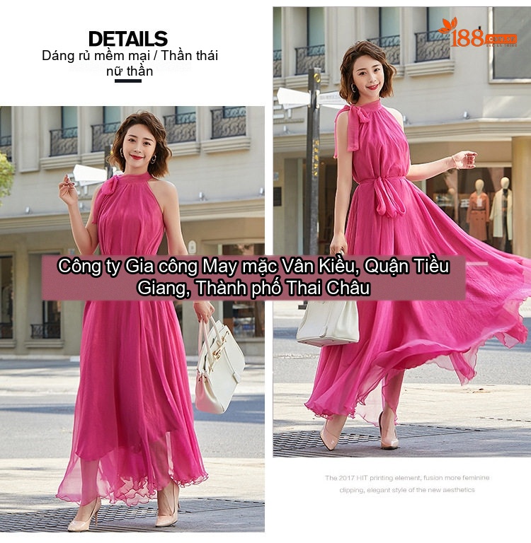 Váy Dài Nữ Dáng Xòe Thắt Eo Cổ Yếm Đính Nơ Chất Liệu Gấm Voan Màu Đỏ, Đỏ Rượu, Xanh Dương, Cam... chi tiết 6