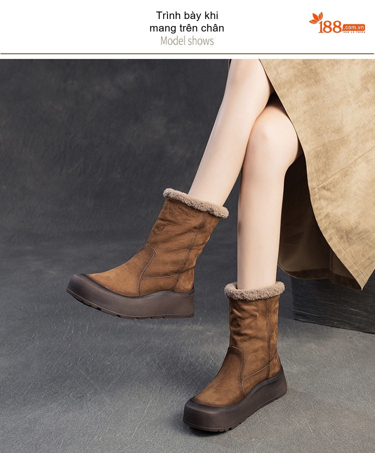 Boot Nữ Cổ Lông Giữ Ấm Lót Lông Chiều Cao Đế Khoảng 5cm Màu Nâu chi tiết 7