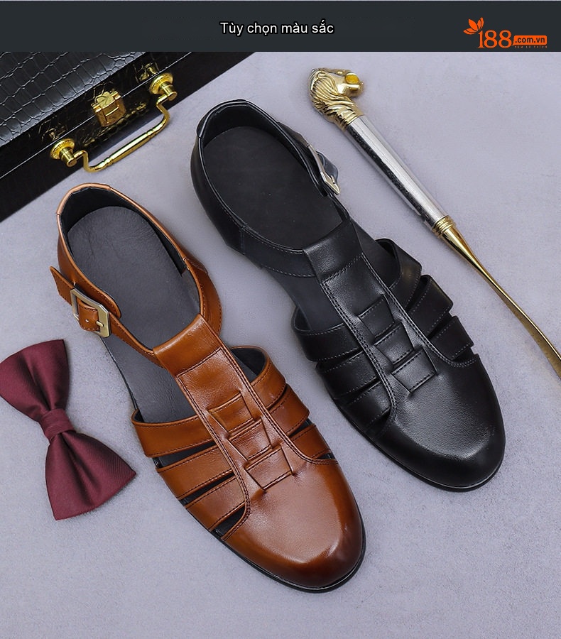 Sandal Rọ Nam Da Bò Mũi Bít Đế Cao 3cm chi tiết 1