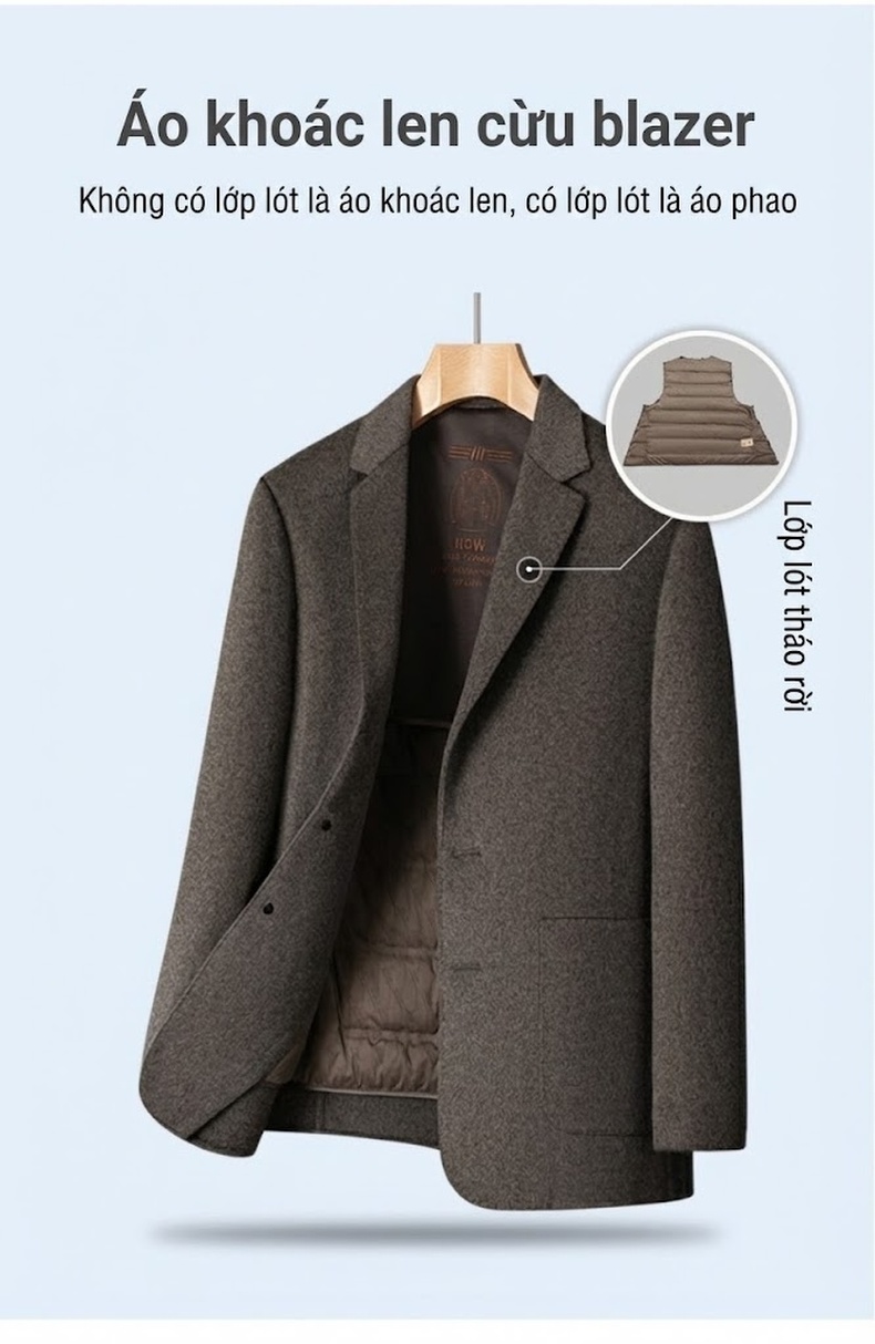 Áo Khoác Blazer Nam Hai Mặt 100% Lông Cừu Ngắn Tay Dáng Ôm Màu Xám chi tiết 9