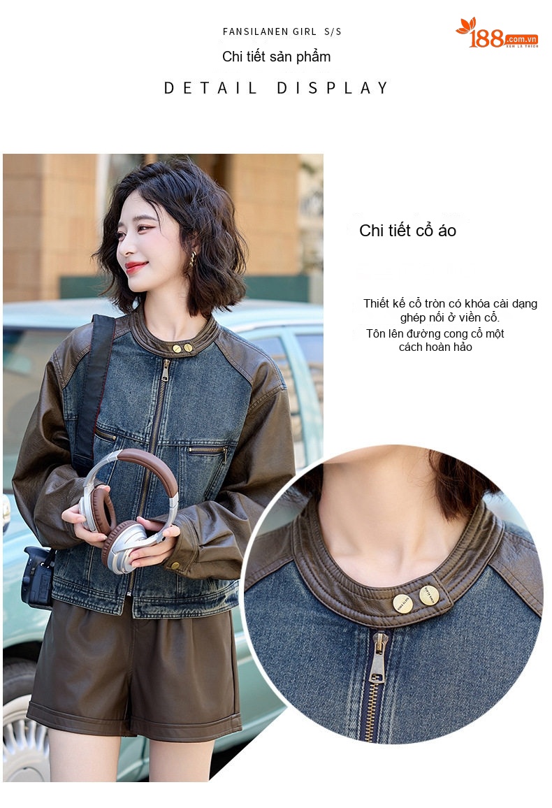 Áo Khoác Nữ Jean Phối Da Kiểu Retro Ngắn Tay Phong Cách Vintage Màu Xanh, Nâu chi tiết 6