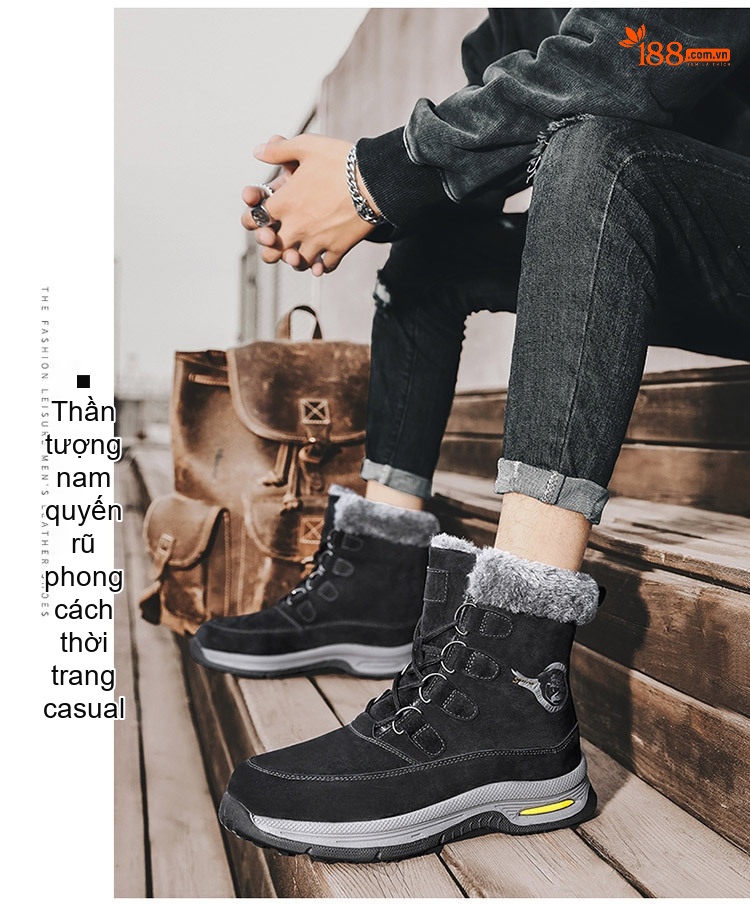 Giày Boot Nam Cổ Cao Da Mờ Lót Lông Chiều Cao Đế Khoảng 3cm Màu Đen, Xám, Xanh Rêu chi tiết 16