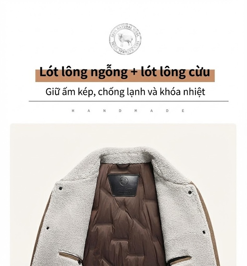 Áo Khoác Nam Lông Vũ Lót Lông Cừu Non Dệt Kim Màu Đen, Nâu chi tiết 9