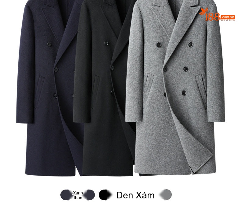 Áo Khoác Dạ Len Lông Cừu Nam Dáng Dài Double Breasted Màu Đen, Xám chi tiết 13