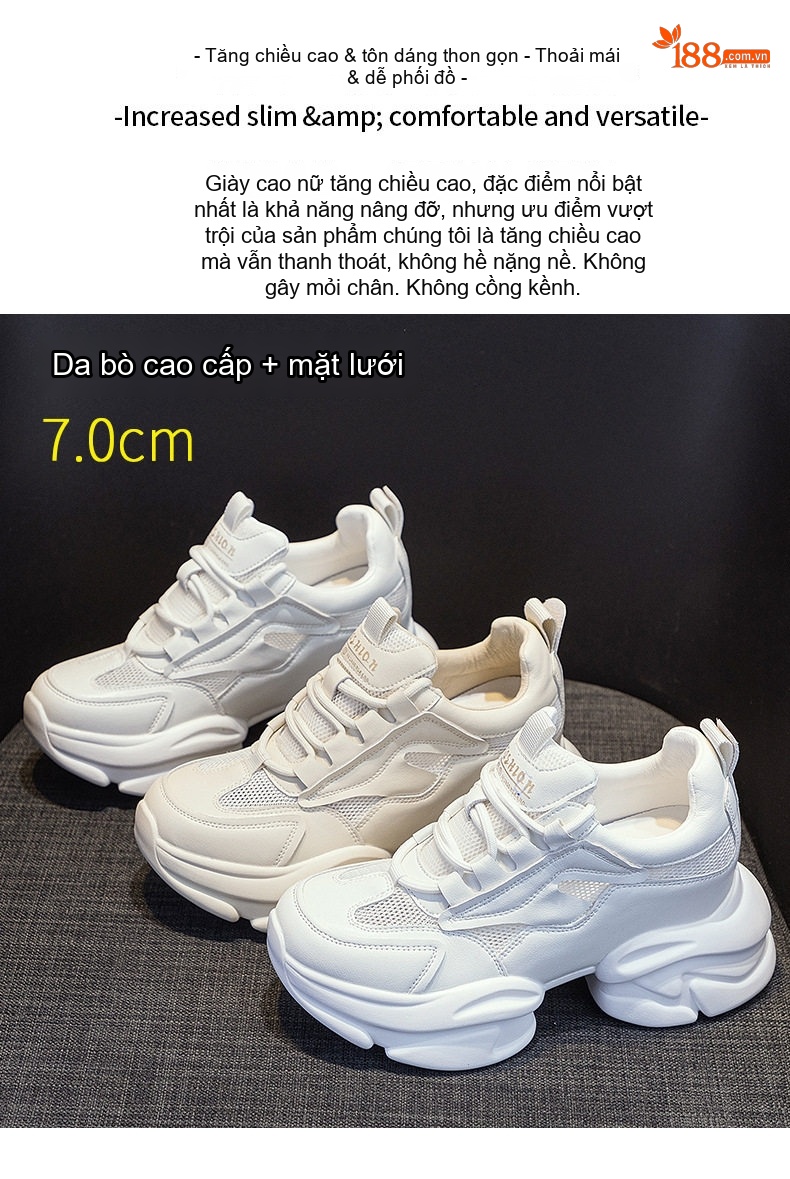Giày Thể Thao Nữ Da Thật Đế Dày Chiều Cao Đế Khoảng 5cm Màu Trắng chi tiết 3