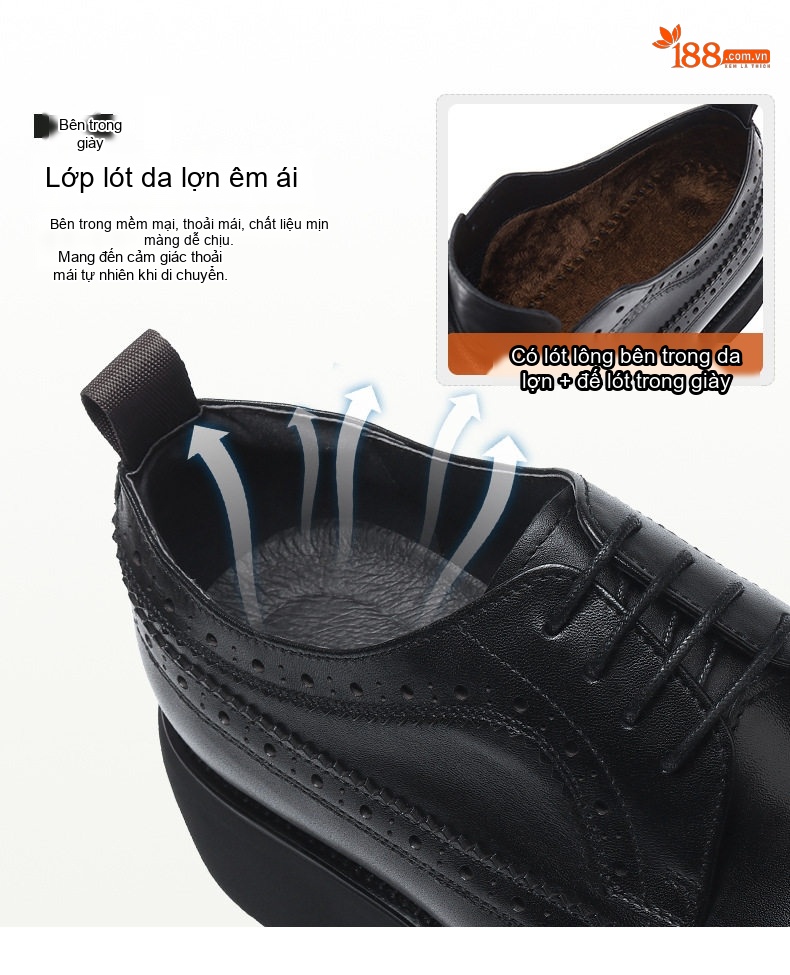 Giày Tây Buộc Dây Nam Da Bò Chiều Cao Đế Khoảng 3cm Màu Đen, Nâu chi tiết 11