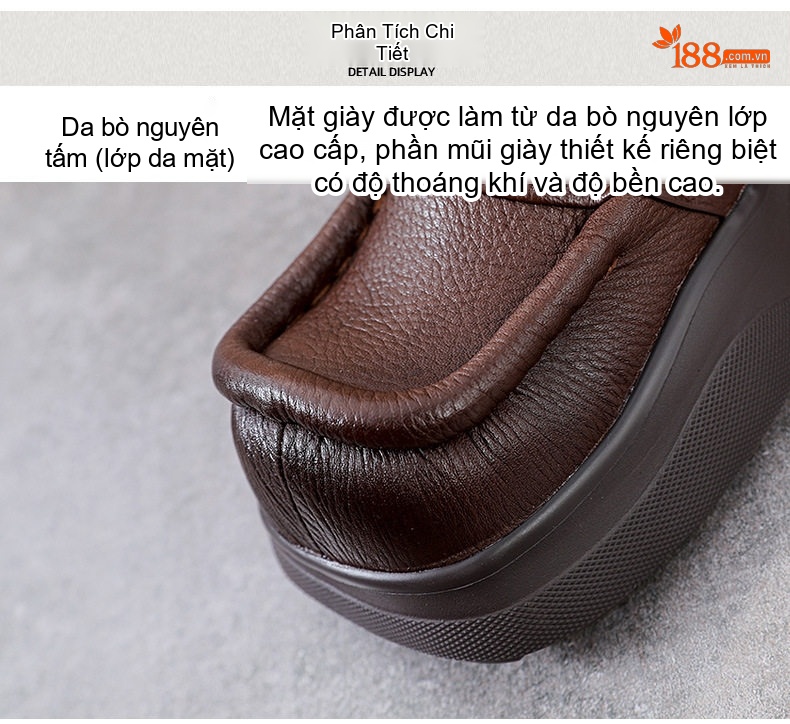 Boot Nữ Da Bò Cổ Ngắn Đế Bánh Mì Chiều Cao Đế Khoảng 5cm Khoá Kéo Sau Màu Đen, Nâu chi tiết 6
