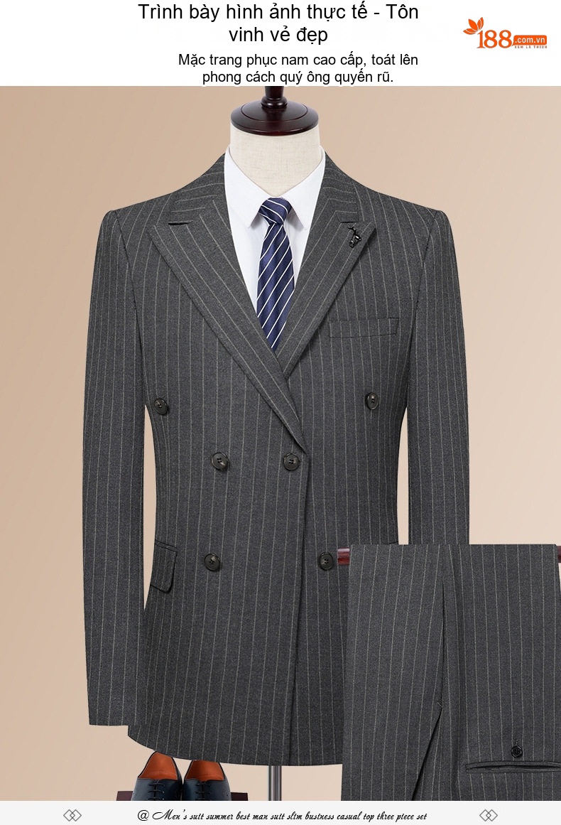 Bộ Vest Nam Kẻ Sọc Dáng Ôm Chống Nhăn Cúc Đôi Màu Xám chi tiết 14