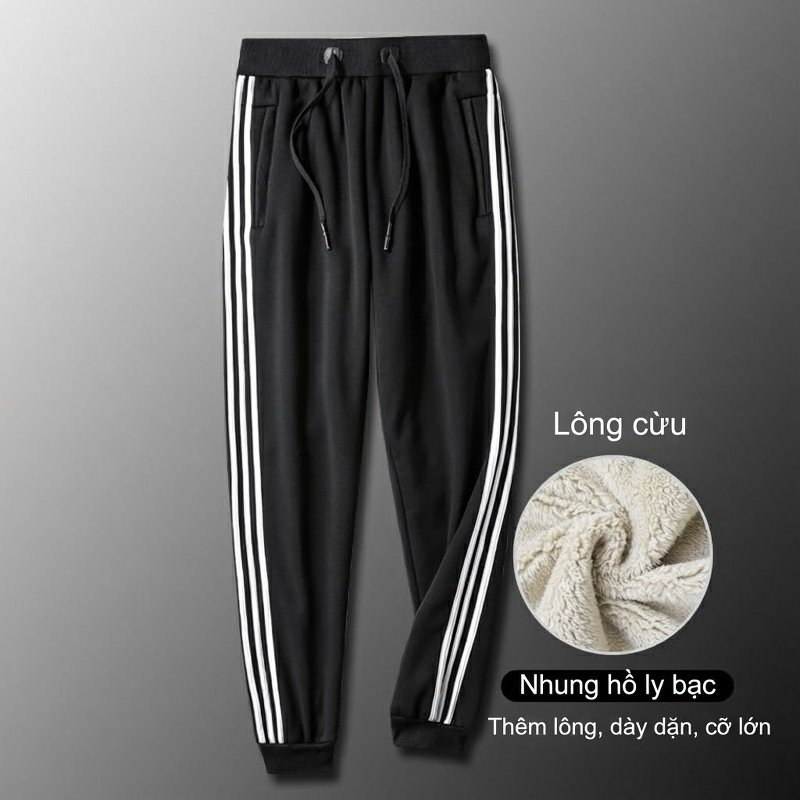 Quần Nỉ Nam Cotton Lông Cừu Non Dày Dặn Lót Lông Giữ Nhiệt Ống Bo Màu Đen, Xám, Be