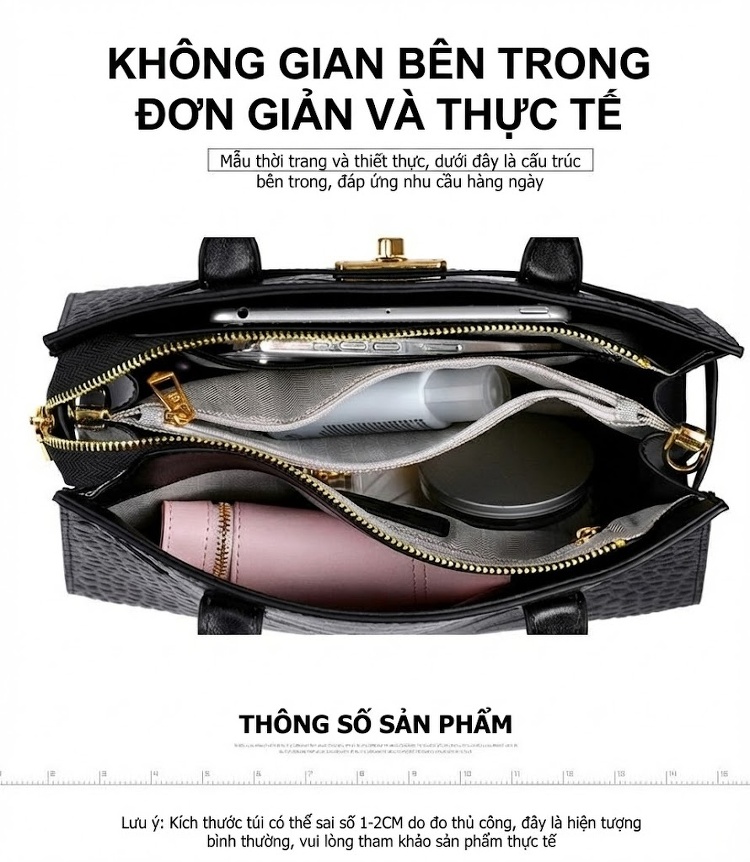 Túi Xách Nữ Vân Cá Sấu Công Sở Đựng Vừa A4 Da Bóng Đeo Vai, Xách Tay, Đeo Chéo Màu Đen chi tiết 6