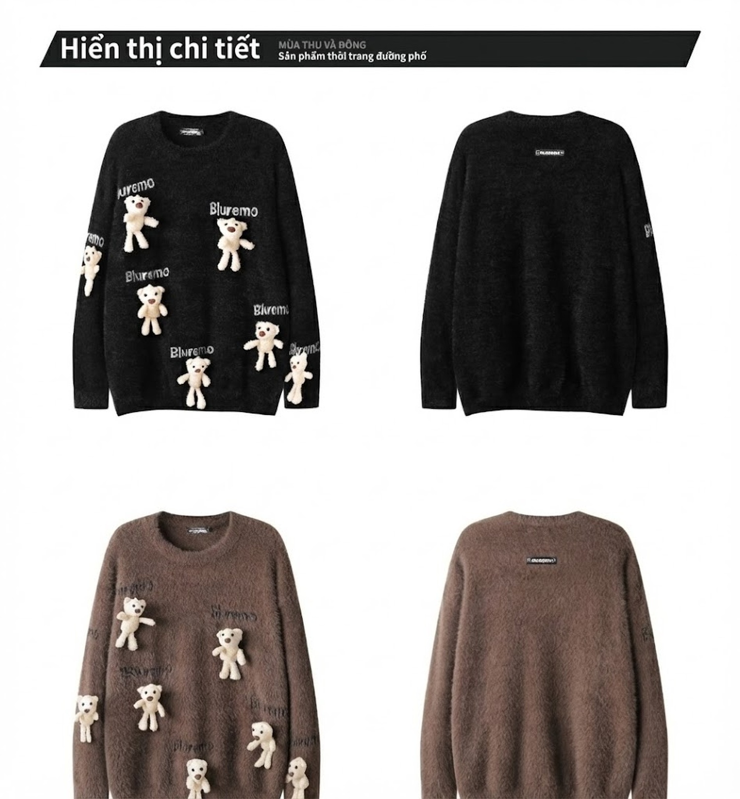 Áo Sweater Nữ Dệt Kim Hình Gấu Hoạt Hình Thêu Chữ Phong Cách Trẻ Trung Màu Đen, Nâu, Hồng, Trắng... chi tiết 28