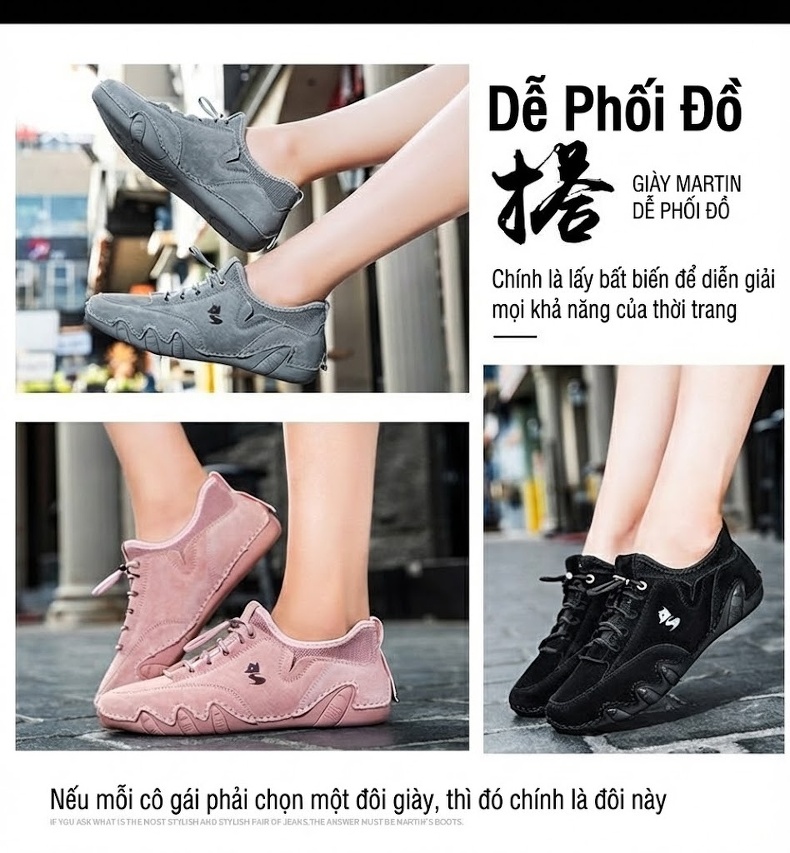 Giày Outdoor Buộc Dây Nữ Da Thật Bàn Chân To Chiều Cao Đế Khoảng 3cm Màu Hồng, Nâu, Xám, Đen chi tiết 3