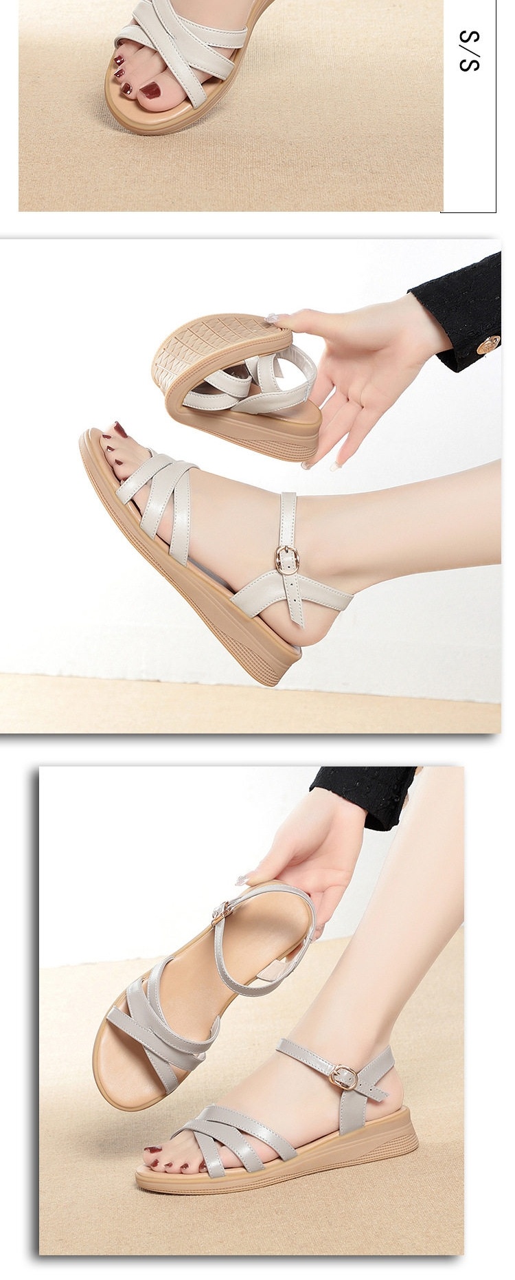 Dép Sandal Nữ Quai Chéo Da Bóng Đế Mềm Chống Trượt Đế Cao 3cm - 4cm Màu Bạc, Đen chi tiết 9