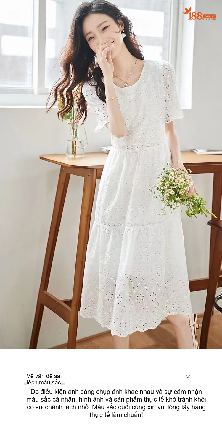Váy Trắng Nữ Tay Bồng Thiết Kế Pháp Eo Thun Dáng Xòe chi tiết 9