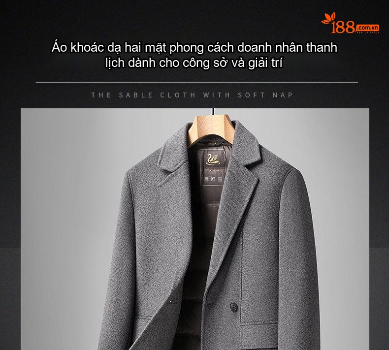 Áo Khoác Dạ Nam 70% Lông Cừu Dáng Dài Lót Lông Vũ Có Thể Tháo Rời Màu Đen, Xám chi tiết 1