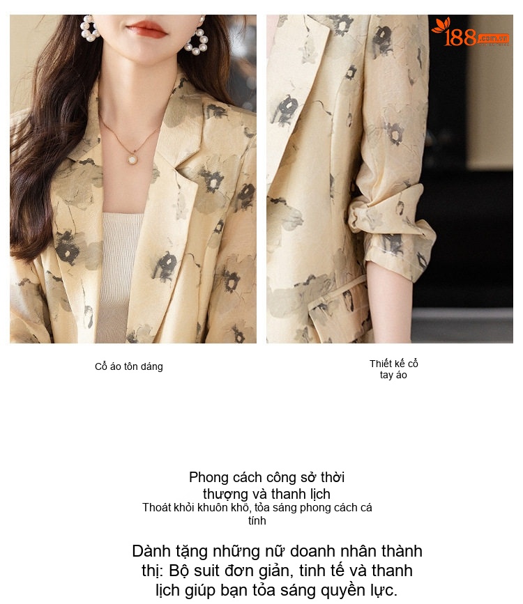 Bộ Vest Blazer Nữ Tay Lỡ In Họa Tiết Thiết Kế Kèm Quần Short Màu Be, Xanh chi tiết 3